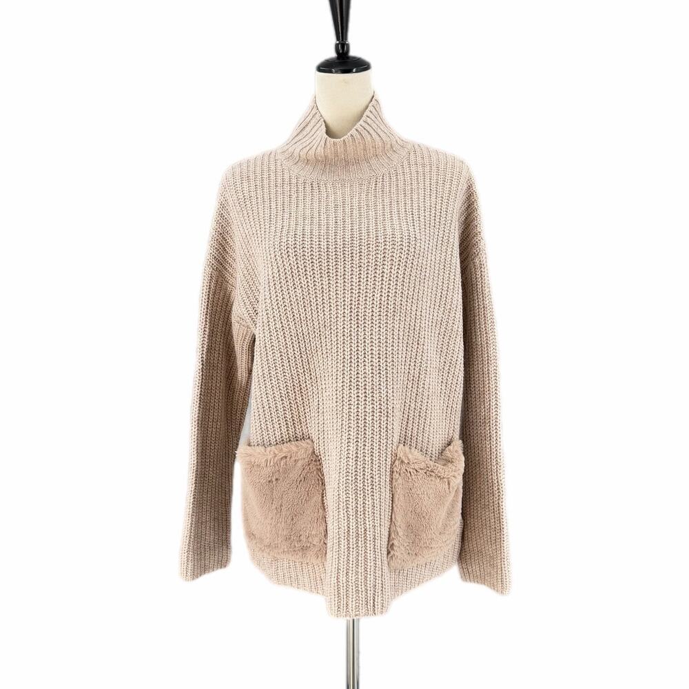 Christian Siriano Beige Tan Ribbed Knit Fuzzy Pocket Turtleneck Cozy Sweater